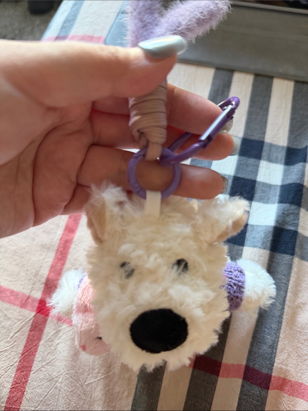 Plush Dog Toy Keychain - Purple and Cream Clip-On Pet Accessory